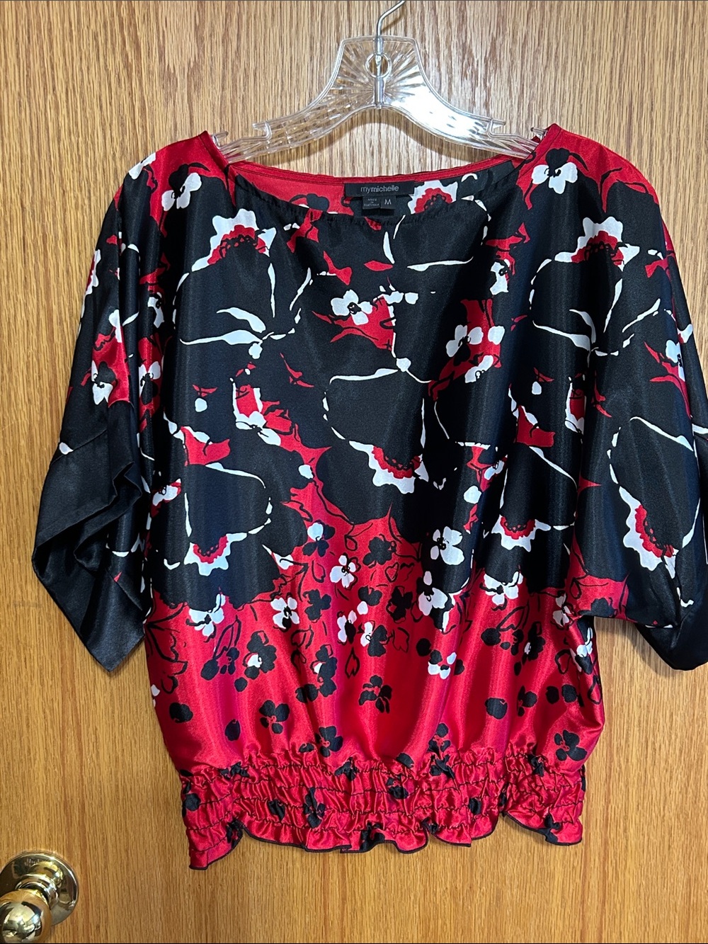 My Michelle Red Black Floral Satin Dolman Blouse size medium